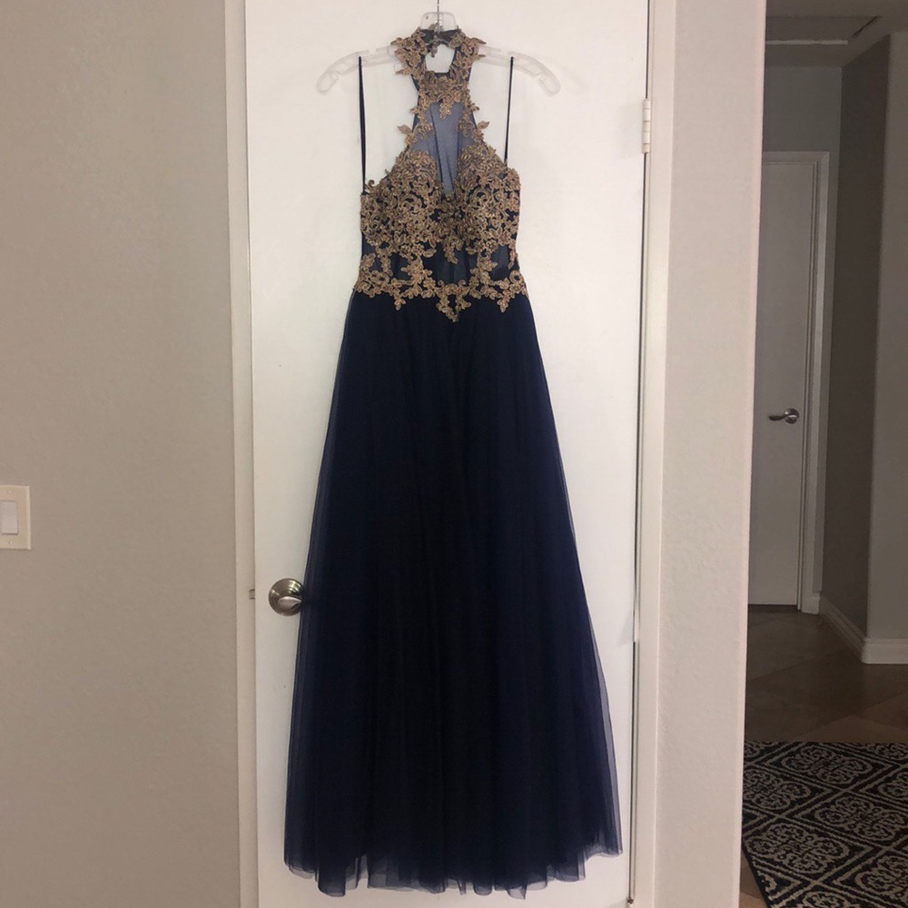 A navy blue and gold PROM DRESS!!!